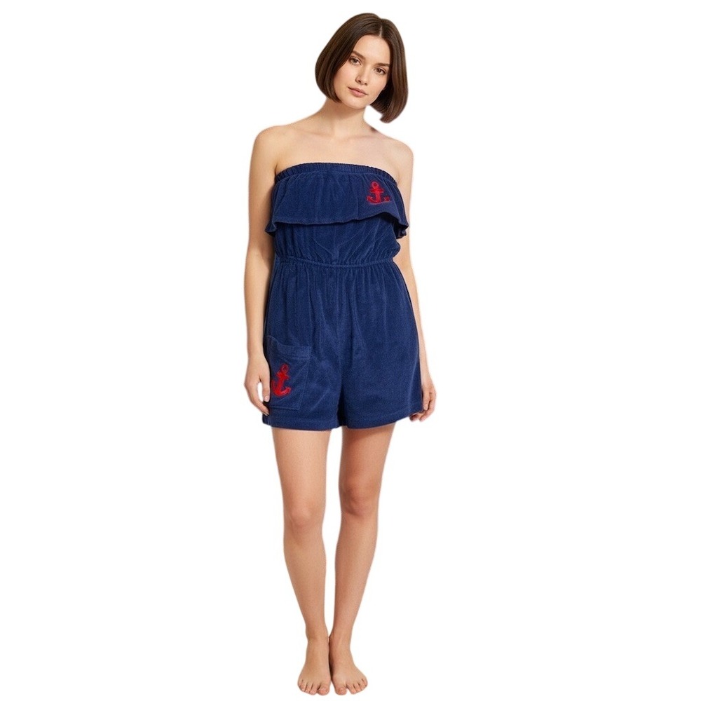 Palm Harbour terry cloth Romper Womens S M Navy Blue Strapless Anchor Embroidery